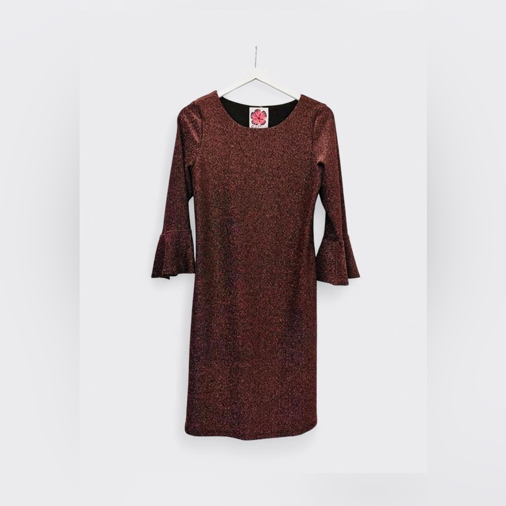 Lesley Evers pink sparkle on black background Shift Dress with Bell Sleeves